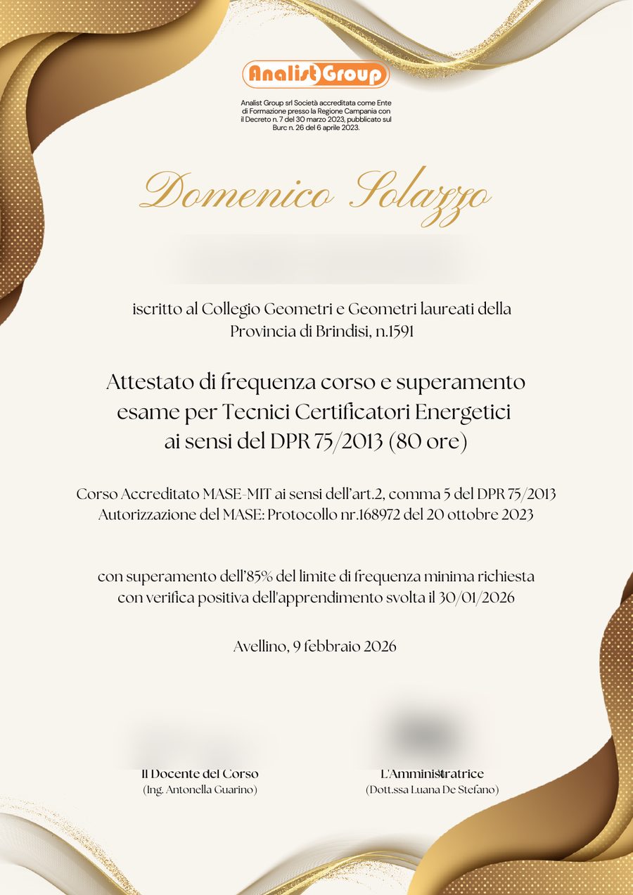 Attestato corso Tecnico Certificatore Energetico