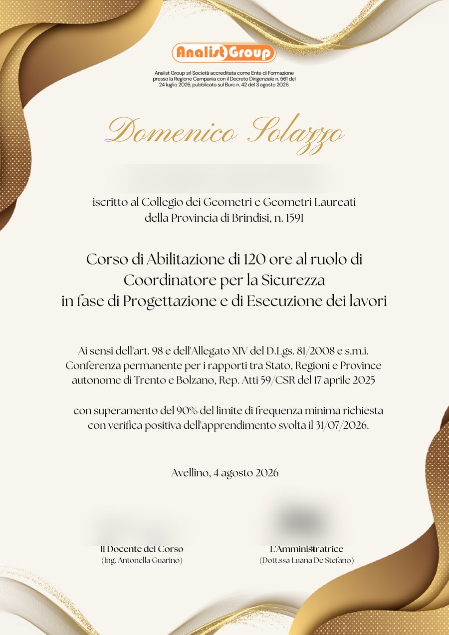 Attestato corso Coordinatore per la Sicurezza